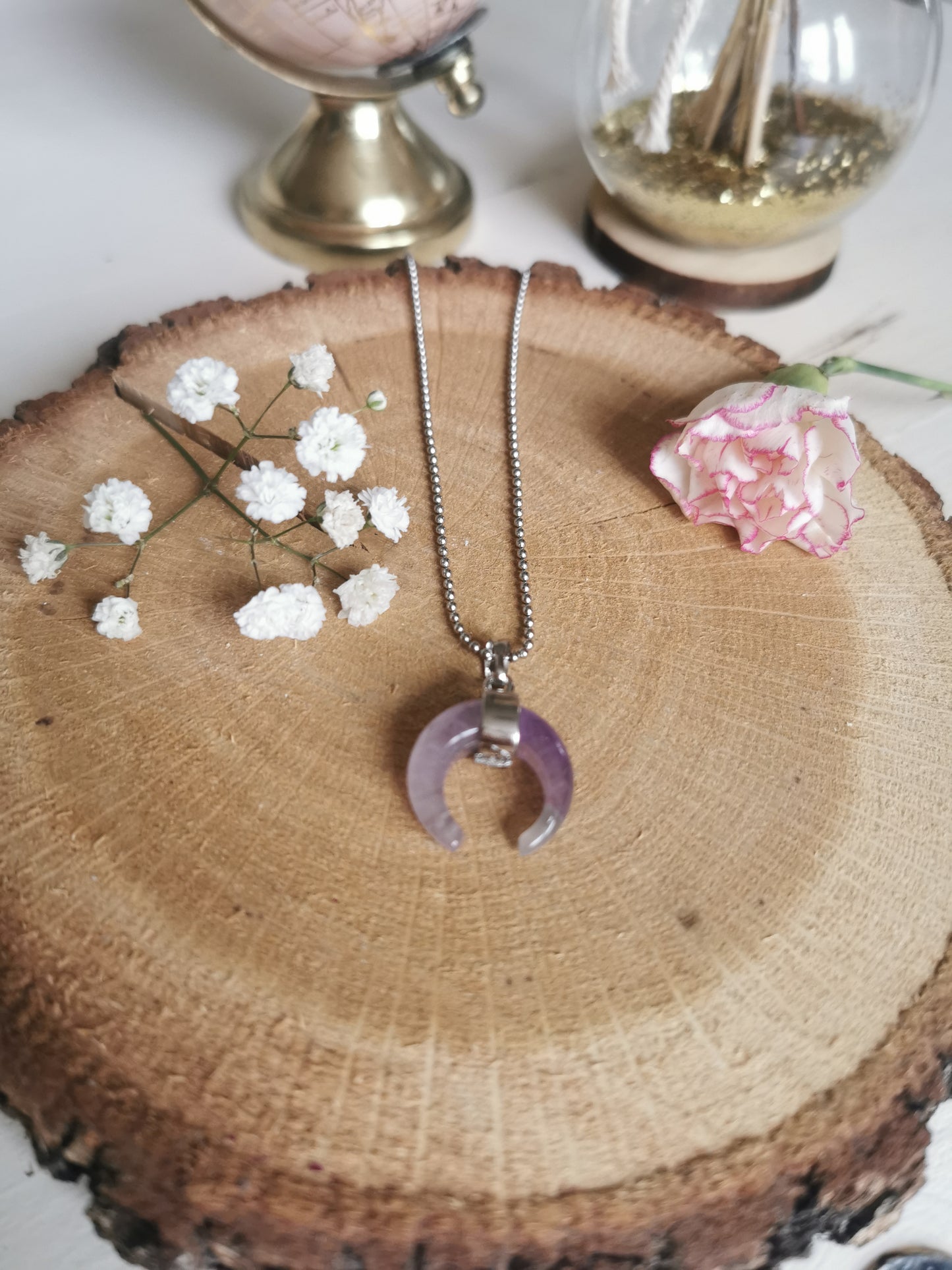 Colliers avec Pendentif Croissant de Lune en Quartz Rose, Améthyste, Cristal de Roche & Œil de Tigre