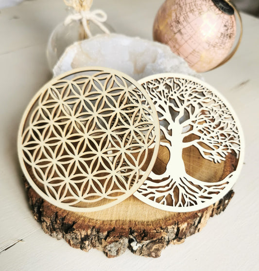 Plaques de rechargement en bois – Fleur de Vie & Arbre de Vie (10 cm)